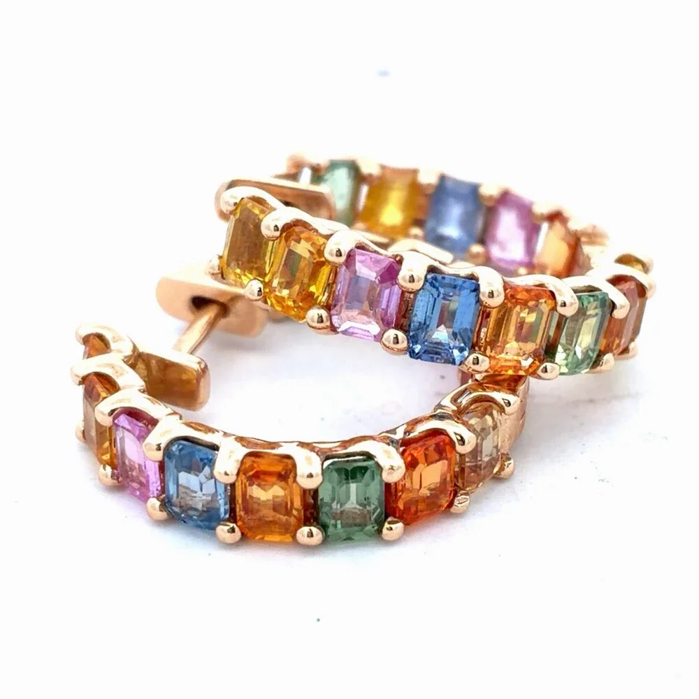 EFFY 14K Yellow Gold Emerald Cut Multicolor Sapphire Watercolors Hoop Earrings